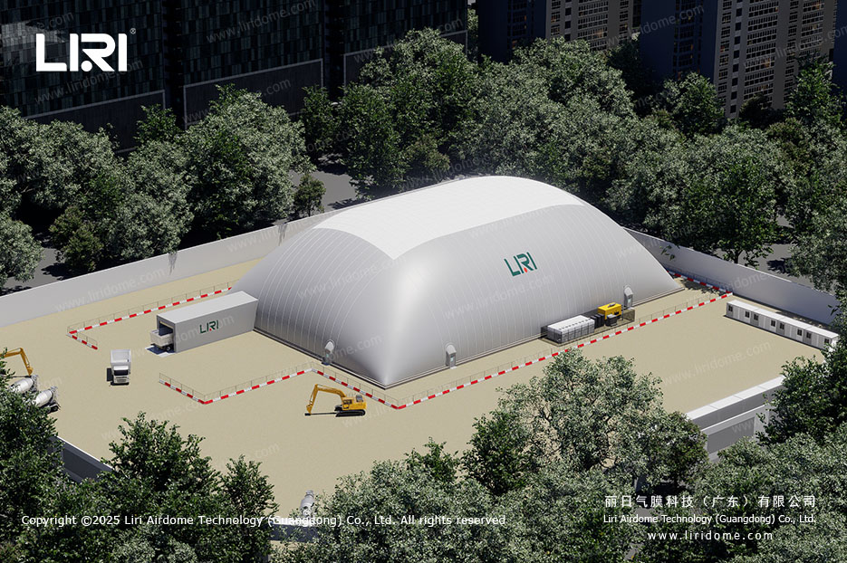 Air dome enabling all weather construction in rainy conditions