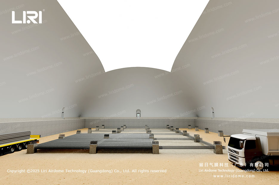 Large open interior space of foundation pit air dome without beams