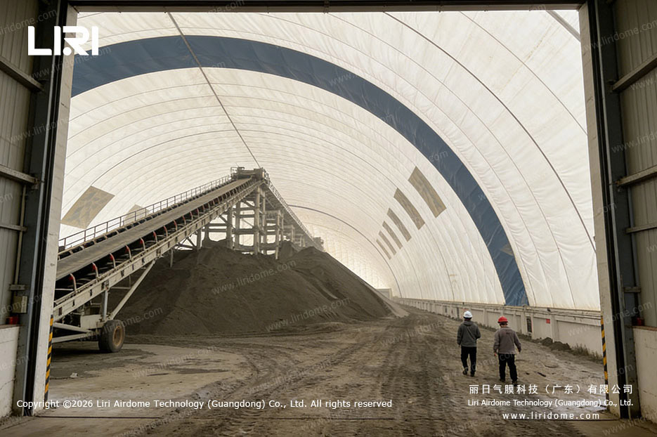 Air Supported Dome for Aggregate Storage An air-supported dome is constructed with high-strength PVC membranes, while