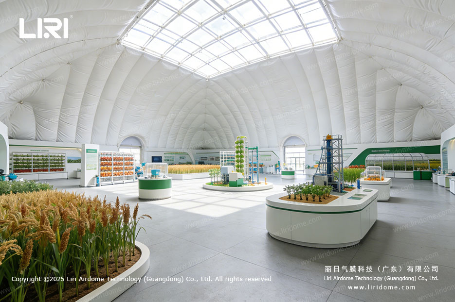 Modern agriculture exhibition hall inside air dome with rice displays and vertical farming tower