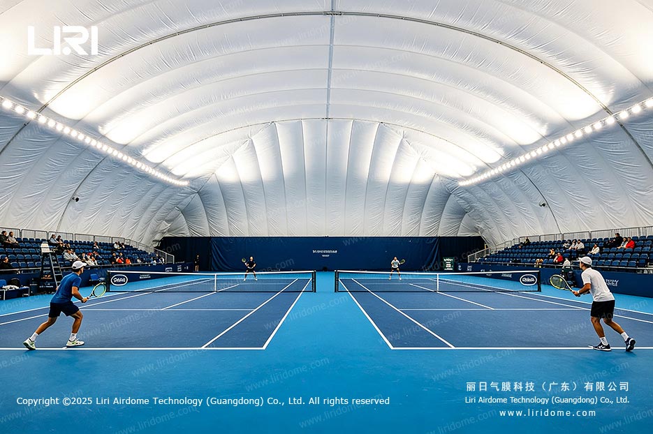 Tennis match taking place inside a bright air dome with spectator seating