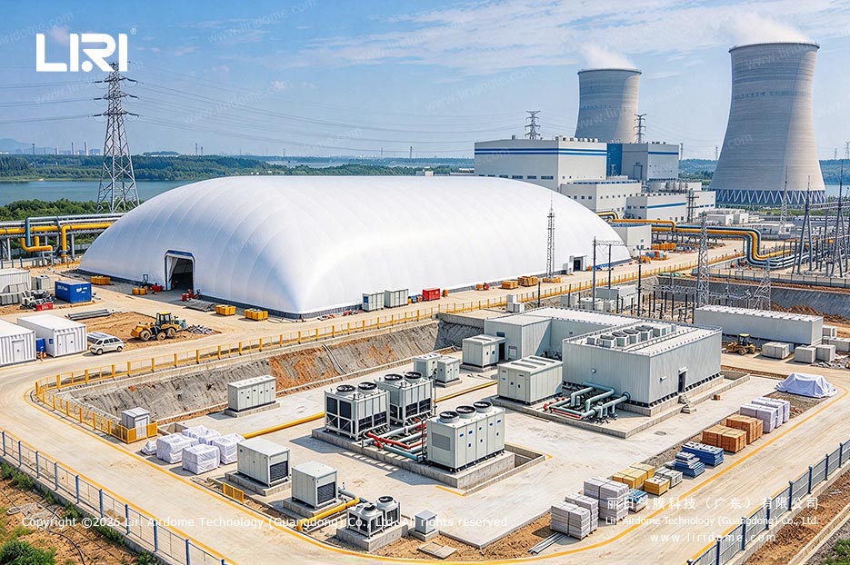 White air dome with cooling systems and an industrial facility in the background