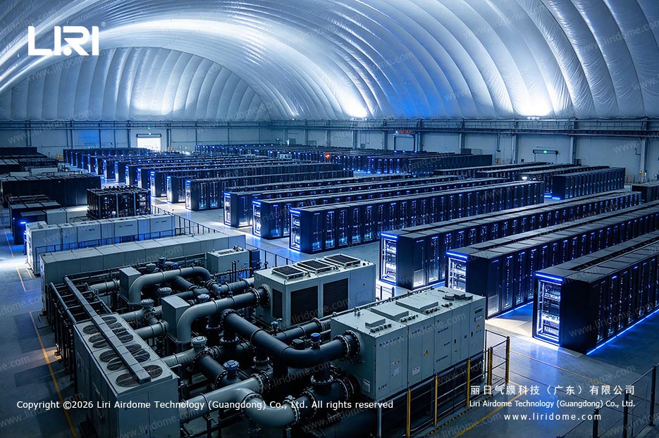 Rows of illuminated server cabinets with cooling pipes inside the air dome