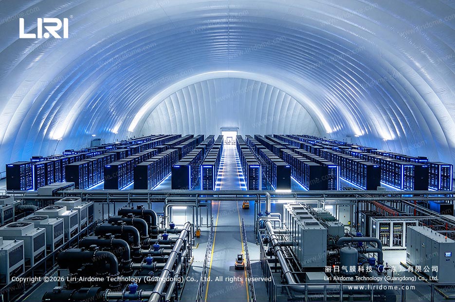 Central aisle between server rows beneath the curved membrane roof