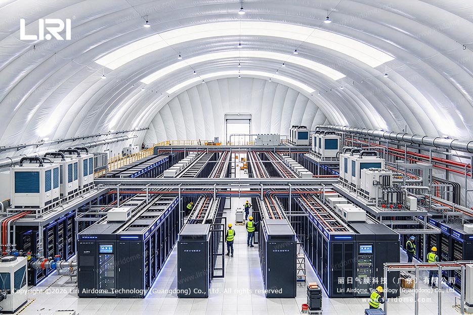Server racks, overhead cable trays and cooling equipment beneath the air dome roof